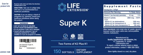 Life Extension Super K, 150 Softgels (Pack of 2) with Vitamin K1 and K2 Supplement