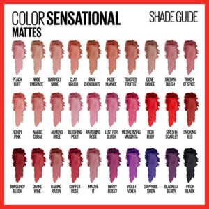 Maybelline Color Sensational Lipstick, Lip Makeup, Matte Finish, Hydrating Lipstick, Nude, Pink, Red, Plum Lip Color, Raw Chocolate, 0.15 oz; (Packaging May Vary)