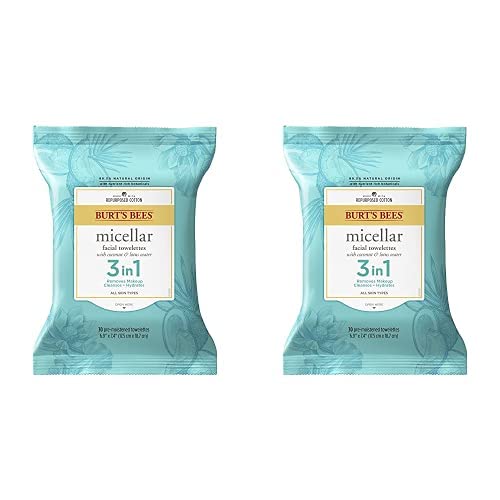 Burt's Bees, 3 in Facial Cleanser Towelettes and Makeup Remover Wipes and Made Repurposed Cotton, Micellar with Coconut & Lotus Water, 30 Count (Pack of 2)