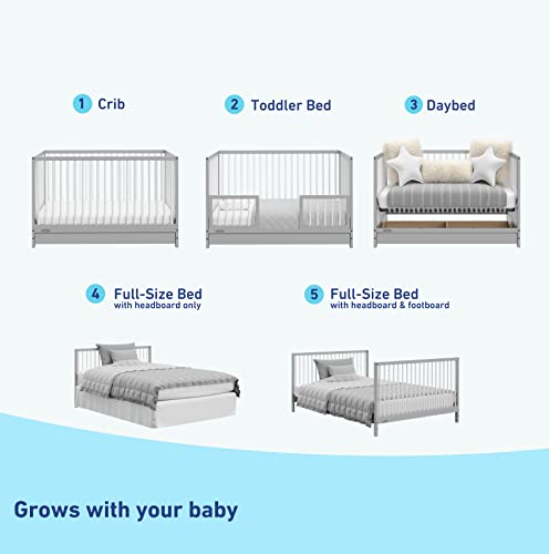 Graco Teddi 5-in-1 Convertible Crib with Drawer (Pebble Gray with White) – GREENGUARD Gold Certified, Crib with Drawer Combo, Full-Size Nursery Storage Drawer, Converts to Toddler Bed, Full-Size Bed