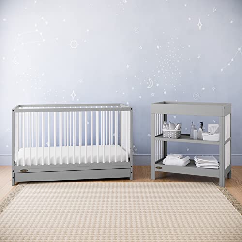 Graco Teddi 5-in-1 Convertible Crib with Drawer (Pebble Gray with White) – GREENGUARD Gold Certified, Crib with Drawer Combo, Full-Size Nursery Storage Drawer, Converts to Toddler Bed, Full-Size Bed