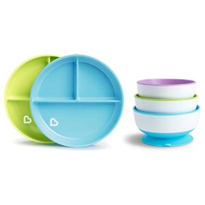 munchkin® stay put™ bowls and divided plates, 5 pack, blue/green/purple