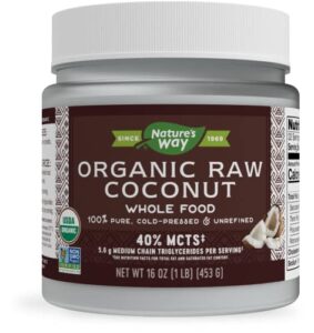 nature’s way organic raw coconut whole food, 5.6 g mcts per serving, unrefined, cold pressed, 16 oz.