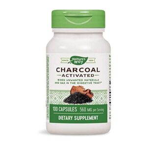 nature’s way activated charcoal, binds unwanted materials and gas*, 560mg per serving, 100 capsules