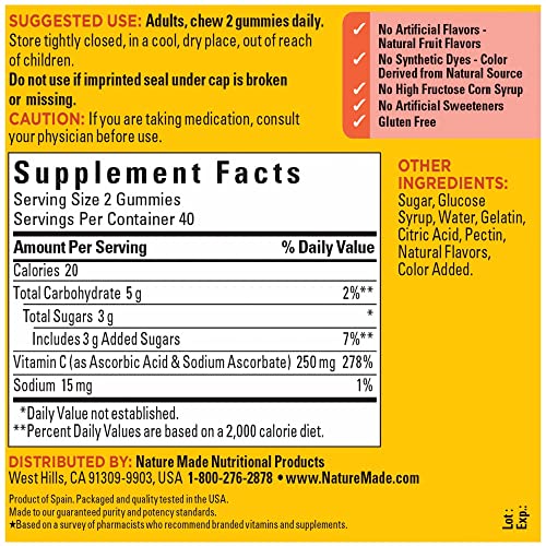 Nature Made Vitamin C 250 mg per serving, Dietary Supplement for Immune Support, Gummy 80 Count (Pack of 1), 40 Day Supply