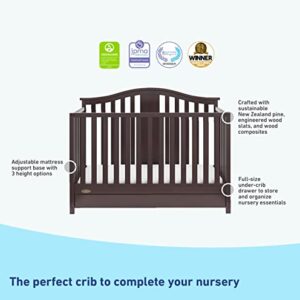 Graco Solano 5-in-1 Convertible Crib with Drawer (Espresso) – GREENGUARD Gold Certified, Crib with Drawer Combo, Includes Full-Size Nursery Storage Drawer, Converts to Toddler Bed and Full-Size Bed