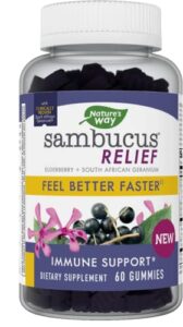 nature’s way sambucus relief gummies, feel better faster**, reactive support, clinically proven south african geranium, with elderberry, vitamin c & zinc, 60 gummies