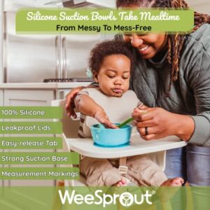WeeSprout Silicone Suction Bowls for Babies | Leakproof Premium Plastic Lids | Durable for Babies & Toddlers | Extra Strong Suction | Easy-Release Tab | Dishwasher, Microwave & Freezer Safe | Set of 2
