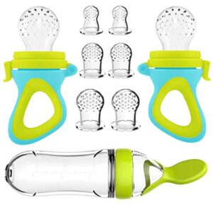 baby food feeder, fresh food – 2 pack fruit feeder pacifier, 6 different sized silicone pacifiers | baby food dispensing spoon | baby feeding set | fresh frozen fruit (green)