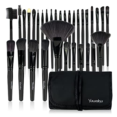 Makeup Brushes 32pcs, Yuwaku Professional Makeup Brush Set, Kabuki Face Eyes Shadow Eyeliner Foundation Blush Lip Powder Liquid Cream Blending Brushes (BLACK)