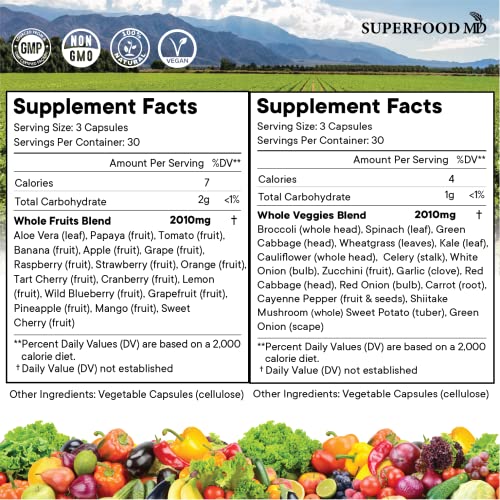 Superfood MD Fruits and Veggies Supplement - 90 Fruit and 90 Veggie Capsules -100% Whole Natural Superfood - Filled with Vitamins and Minerals - Supports Energy Levels - Made 90 Count (Pack of 2)