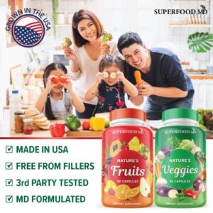 Superfood MD Fruits and Veggies Supplement - 90 Fruit and 90 Veggie Capsules -100% Whole Natural Superfood - Filled with Vitamins and Minerals - Supports Energy Levels - Made 90 Count (Pack of 2)