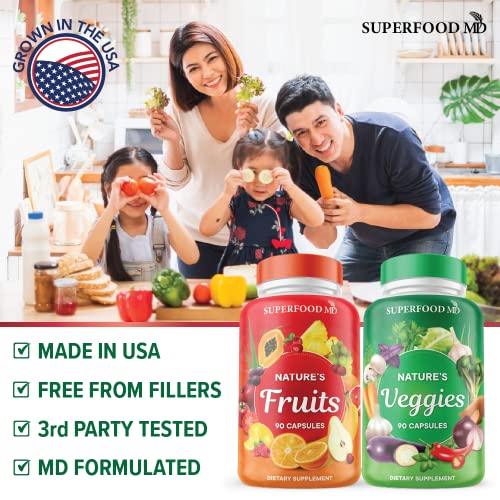 Superfood MD Fruits and Veggies Supplement - 90 Fruit and 90 Veggie Capsules -100% Whole Natural Superfood - Filled with Vitamins and Minerals - Supports Energy Levels - Made 90 Count (Pack of 2)