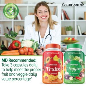 Superfood MD Fruits and Veggies Supplement - 90 Fruit and 90 Veggie Capsules -100% Whole Natural Superfood - Filled with Vitamins and Minerals - Supports Energy Levels - Made 90 Count (Pack of 2)