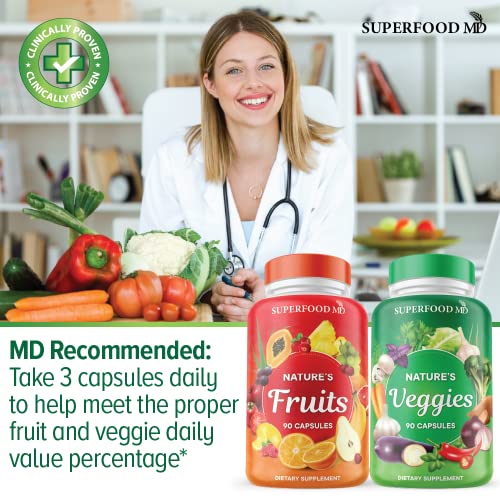 Superfood MD Fruits and Veggies Supplement - 90 Fruit and 90 Veggie Capsules -100% Whole Natural Superfood - Filled with Vitamins and Minerals - Supports Energy Levels - Made 90 Count (Pack of 2)