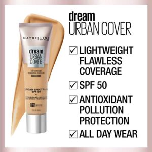 Maybelline Dream Urban Cover Flawless Coverage Foundation Makeup, SPF 50, Warm Nude