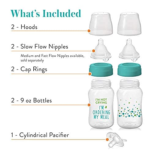 Evenflo Feeding Balance + Wide Neck Printed Bottles, 9oz 2pk, with Pacifier