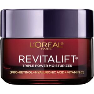 l’oreal paris skincare revitalift triple power antiaging face moisturizer with pro retinol, hyaluronic acid & vitamin c to reduce wrinkles, firm and brighten skin, cream, 2.55 ounce (pack of 1)