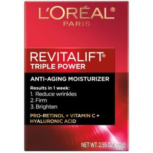 L’Oreal Paris Skincare Revitalift Triple Power AntiAging Face Moisturizer with Pro Retinol, Hyaluronic Acid & Vitamin C to reduce wrinkles, firm and brighten skin, Cream, 2.55 Ounce (Pack of 1)