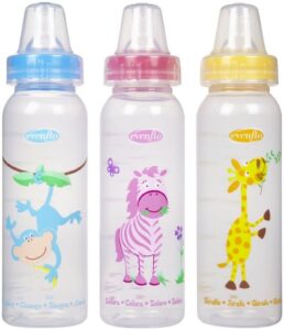 evenflo zoo friends 3 count standard nipple bottle, 8 ounce (colors may vary)