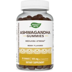 nature’s way ashwagandha gummies, reduces stress*, adaptogenic herb*, 125 mg per serving, berry flavored, 90 gummies