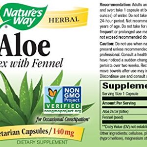 Natures Way Aloe Latex with Fennel 140 milligrams 100 Vegetarian Capsules. Pack of 4 bottles.