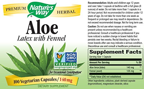 Natures Way Aloe Latex with Fennel 140 milligrams 100 Vegetarian Capsules. Pack of 4 bottles.