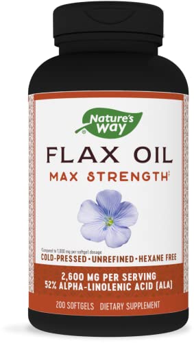 Nature’s Way Flax Oil Max Strength, 2600 mg per Serving, with ALA, Cold-Pressed, 200 Softgels