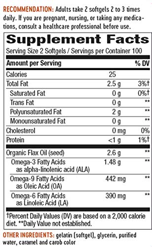 Nature’s Way Flax Oil Max Strength, 2600 mg per Serving, with ALA, Cold-Pressed, 200 Softgels