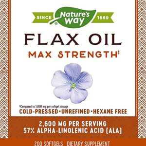 Nature’s Way Flax Oil Max Strength, 2600 mg per Serving, with ALA, Cold-Pressed, 200 Softgels