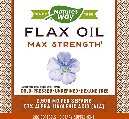 Nature’s Way Flax Oil Max Strength, 2600 mg per Serving, with ALA, Cold-Pressed, 200 Softgels