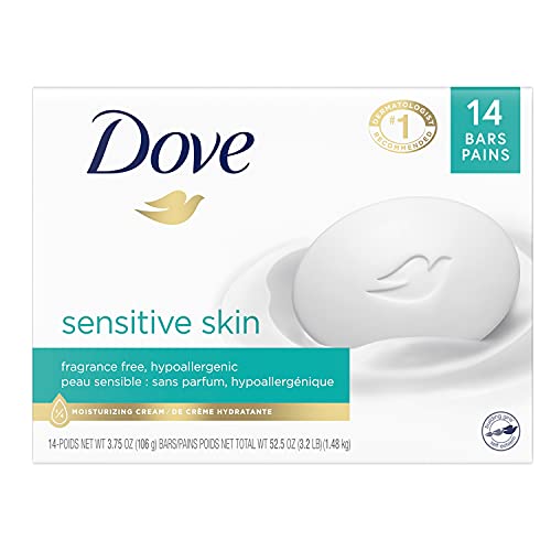 Dove Beauty Bar More Moisturizing Than Bar Soap for Softer Skin, Fragrance-Free, Hypoallergenic Beauty Bar Sensitive Skin With Gentle Cleanser 3.75 oz, 14 Bars