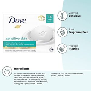 Dove Beauty Bar More Moisturizing Than Bar Soap for Softer Skin, Fragrance-Free, Hypoallergenic Beauty Bar Sensitive Skin With Gentle Cleanser 3.75 oz, 14 Bars