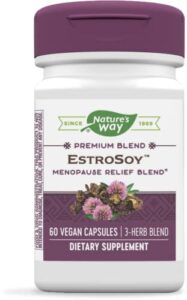 nature’s way estrosoy, menopause relief blend*, helps relieve menopausal symptoms*, black cohosh, red clover, and fermented soy, 60 vegan capsules