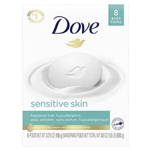 dove beauty bar more moisturizing than bar soap for softer skin, fragrance free, hypoallergenic sensitive skin with gentle cleanser, 3.75 ounce (pack of 8)