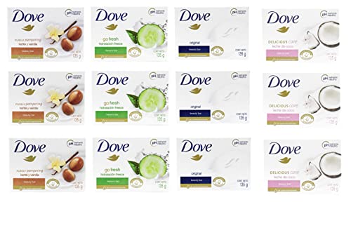 Dove, Beauty Bar Soap Variety Pack of 12, Go Fresh, Shea Butter, Coconut Milk, White - 135g