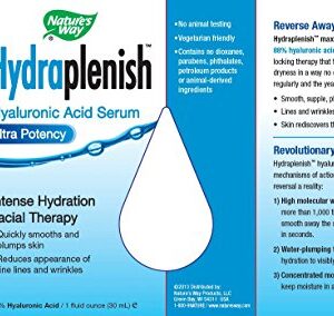 Nature's Way Hydraplenish Serum Ultra Potency Hydration Facial Therapy, 88% Hyaluronic Acid, 1 Oz.