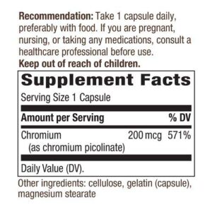 Nature's Way Chromium Picolinate, 200 mcg per serving, 100 Capsules (Pack of 4) (Packaging May Vary)