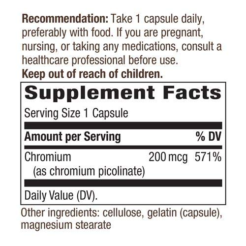 Nature's Way Chromium Picolinate, 200 mcg per serving, 100 Capsules (Pack of 4) (Packaging May Vary)