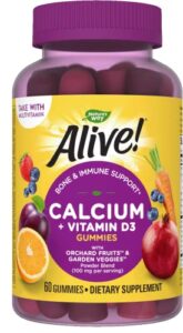 nature’s way alive! premium calcium + d3 gummies, supports healthy bones & muscles*, strawberry and raspberry lemonade flavored, 60 gummies