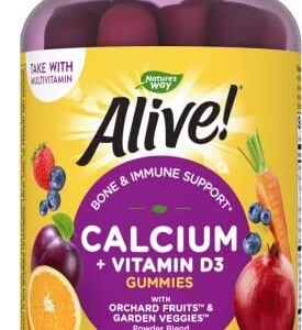 Nature's Way Alive! Premium Calcium + D3 Gummies, Supports Healthy Bones & Muscles*, Strawberry and Raspberry Lemonade Flavored, 60 Gummies