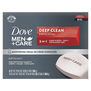 dove men+care body and face bar more moisturizing than bar soap deep clean effectively washes away bacteria, nourishes your skin, 3.75 ounce (pack of 8)