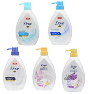 dove body wash variety of 5 scents with pump, plant based, nourishing, exfoliating, cleansing, – 500 ml (16.9 fl ounce)
