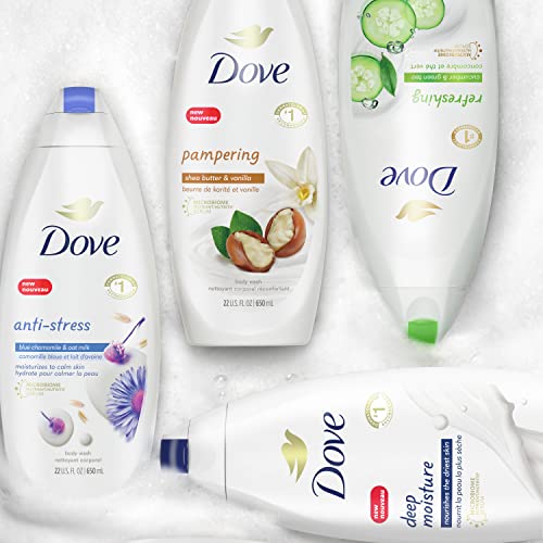 Dove Moisturizing Body Wash Sulphate Free Body Wash Moisturizes to Calm Skin Anti-Stress Body Cleanser with Blue Chamomile and oat milk scent 22oz 4 Count