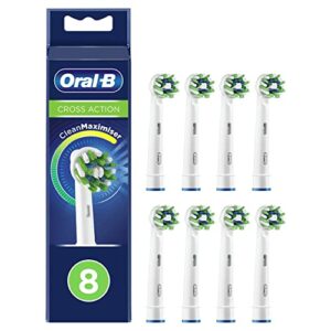 oral-b cross action electric toothbrush head with cleanmaximiser technology, angled bristles for deeper plaque removal, pack of 8, suitable for mailbox, white