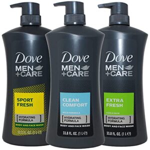 dove men body wash, variety set of 3, clean comfort, extra fresh and sport fresh, 1 liter pump bottle