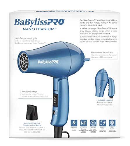 BaBylissPRO Nano Titanium Travel Dryer, Blue