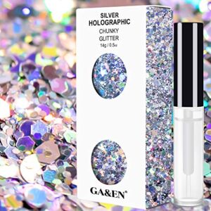 silver holographic chunky cosmetic glitter body hair face eye nail for festival carnival concert party beauty rave accessories different sizes&shapes ✮14g + quick dry primer glue gel(5ml)