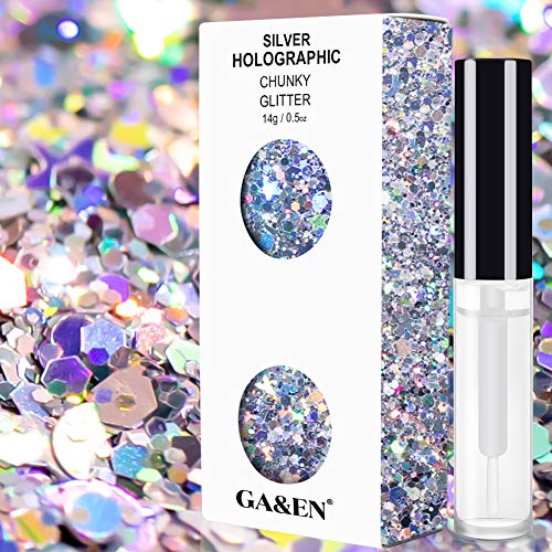 Silver Holographic Chunky Cosmetic Glitter Body Hair Face Eye Nail for Festival Carnival Concert Party Beauty Rave Accessories Different Sizes&Shapes ✮14g + Quick Dry Primer Glue Gel(5ml)