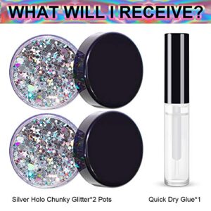 Silver Holographic Chunky Cosmetic Glitter Body Hair Face Eye Nail for Festival Carnival Concert Party Beauty Rave Accessories Different Sizes&Shapes ✮14g + Quick Dry Primer Glue Gel(5ml)